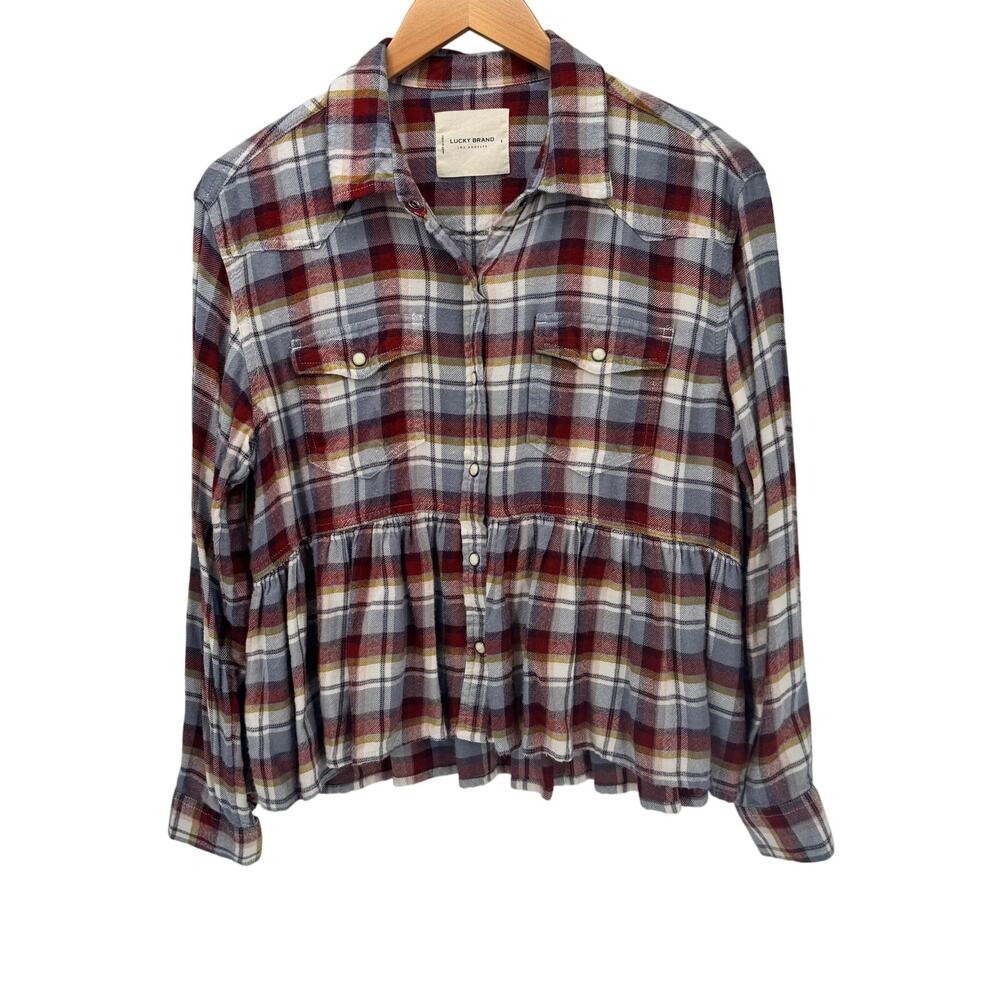 Lucky Brand Shirt Womens Small Plaid Flannel Pearl Snap Peplum Hem Cropped